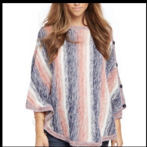 Motherhood Maternity Adjuatable Color Striped Knit Poncho with Buttons - Picture 3 of 7